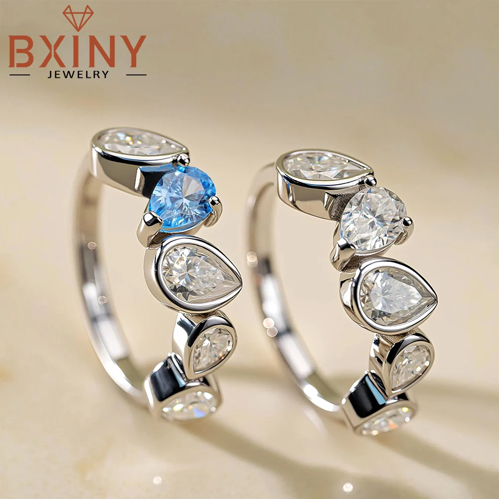 BXINY Bezel Set 5-Stone Moissanite Ring 925 Sterling Silver for Women WaterDrop Pear Cut Diamond Half Eternity Band Fine Jewelry