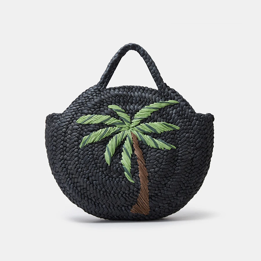 Bolsos de paja con patrón de árbol de Coco para mujer, bolsos de mano tejidos con cáscara de maíz redonda, hecho a mano bolso de playa, monederos