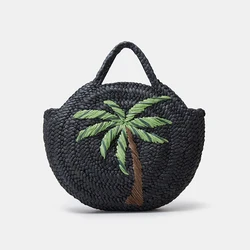 Moda Coconut Tree Pattern Straw Women Handbags Round Corn Husk Woven Hand Bags Handmade Summer Beach Bag Large Tote Purses