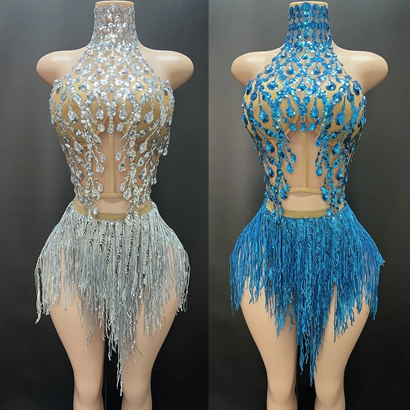 

Silver Gogo Dancer Clothing Rhinestone Halter Top Tassel Skirt Women Stage Costume Sexy Party Dress Blue Nightclub Rave Clothes