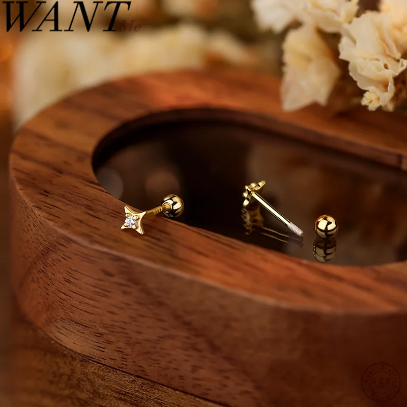 WANTME 925 Sterling Silver Mini Cute Sweet Star Screw Bead Stud Earrings for Women Fashion Ear Bone Piercing Accessories Jewelry