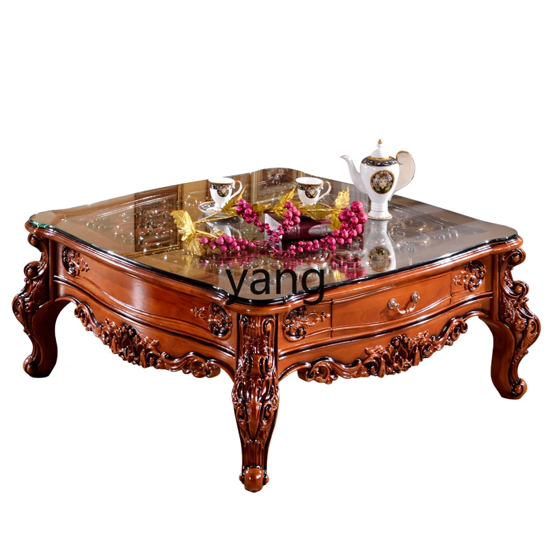 LH all solid wood coffee table, living room square tea table oak engraved tempered glass surface