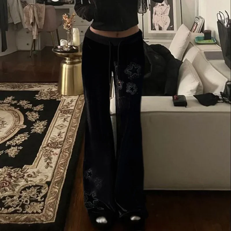 Y2K Womens Velvet Casual Pants American Street Star Hot Diamond Waist Low Waist Slimming Micro Pull Up Pants