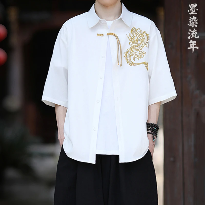 2025 Men Short Sleeve Shirts Chinese Style Retro Summer Thin Shirt Men Fashion Embroidered Dragon Kungfu Tai Chi Casual Top