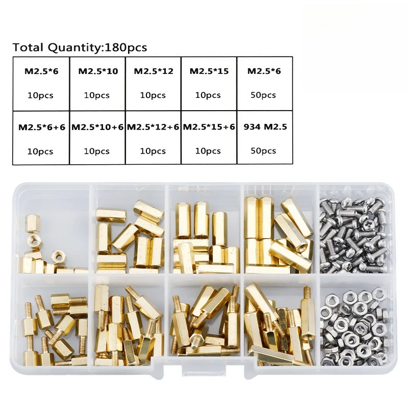 180PCS Single-head Double-pass Hexagonal Copper Pillar Boxed M2.5 Stainless Steel Screw Combination Screw and Nut Set