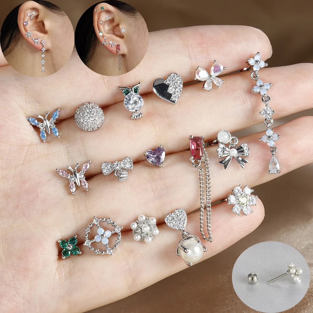 

Серьги-гвоздики женские из нержавеющей стали с синим цветком, ювелирные украшения для пирсинга хрящевой ткани с фианитом, 1 шт.