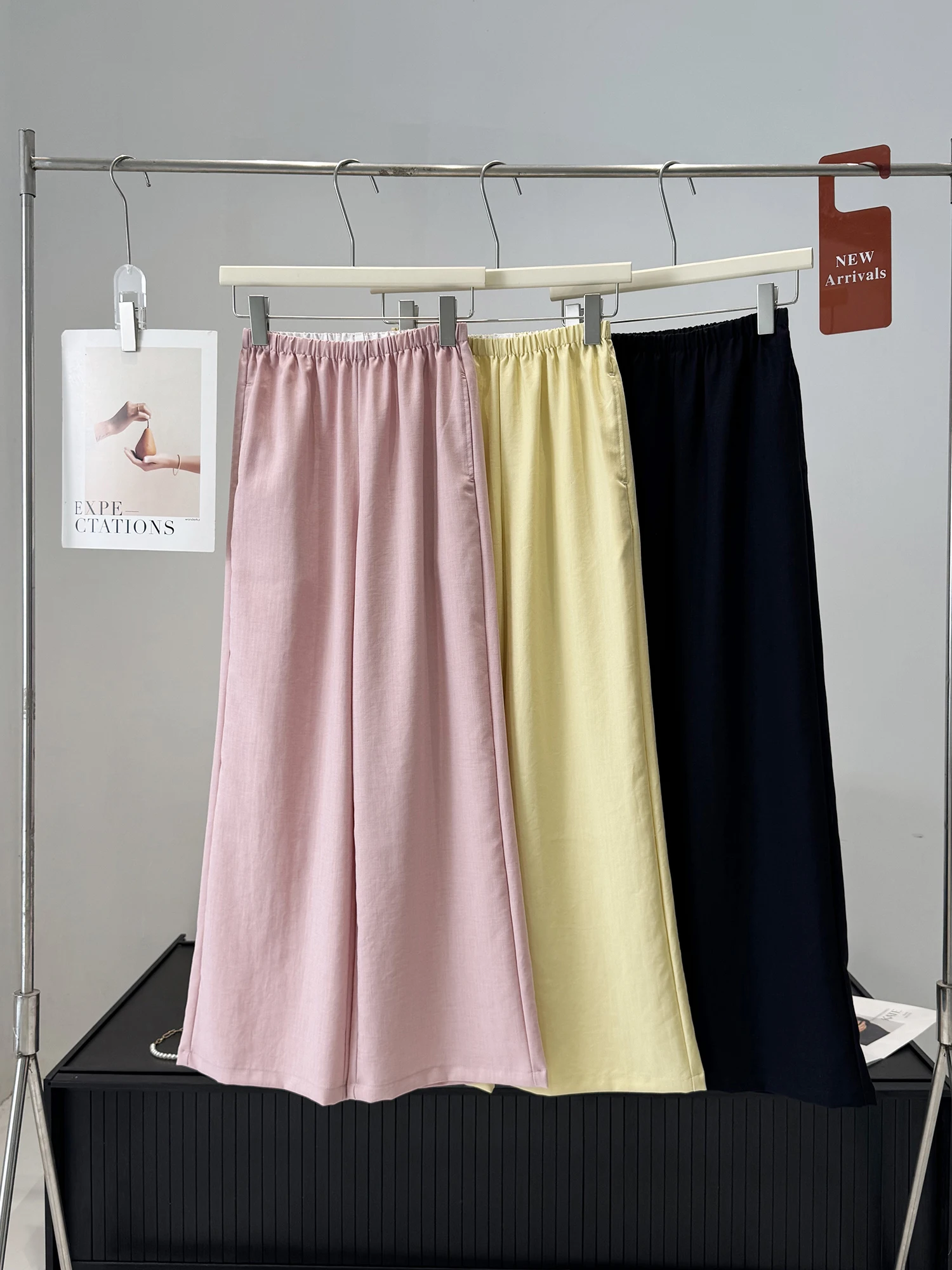 Lightweight Draped Linen Wide Leg Pants Anti-Wrinkle Pure Color Casual Trousers for Women Summer High Waist Elastic Waist