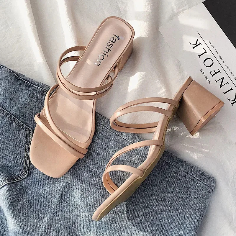 2025 Summer Women\'s Sandals Casual Female Slippers Fashion Sexy Female Shoes Square Heel Open Toe Ankle Strap Sandals Sandalias