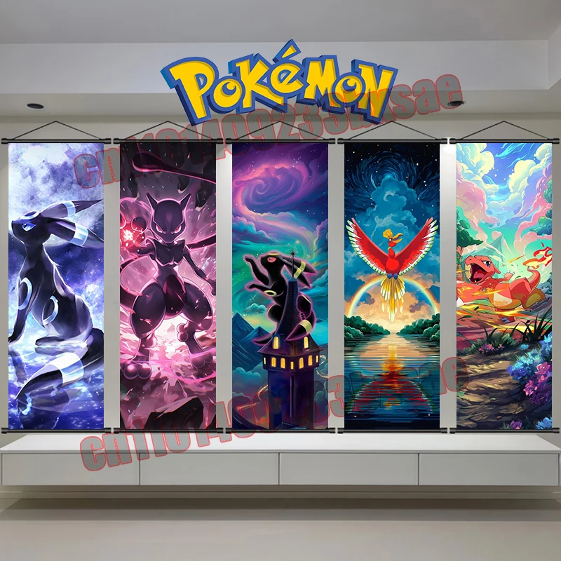 

Classic Anime Pokemon Scroll Drawing, Mew Moltres Eevee Bulbasaur Charmander Art Cloth, Home Art Wall Decor Children's Gifts