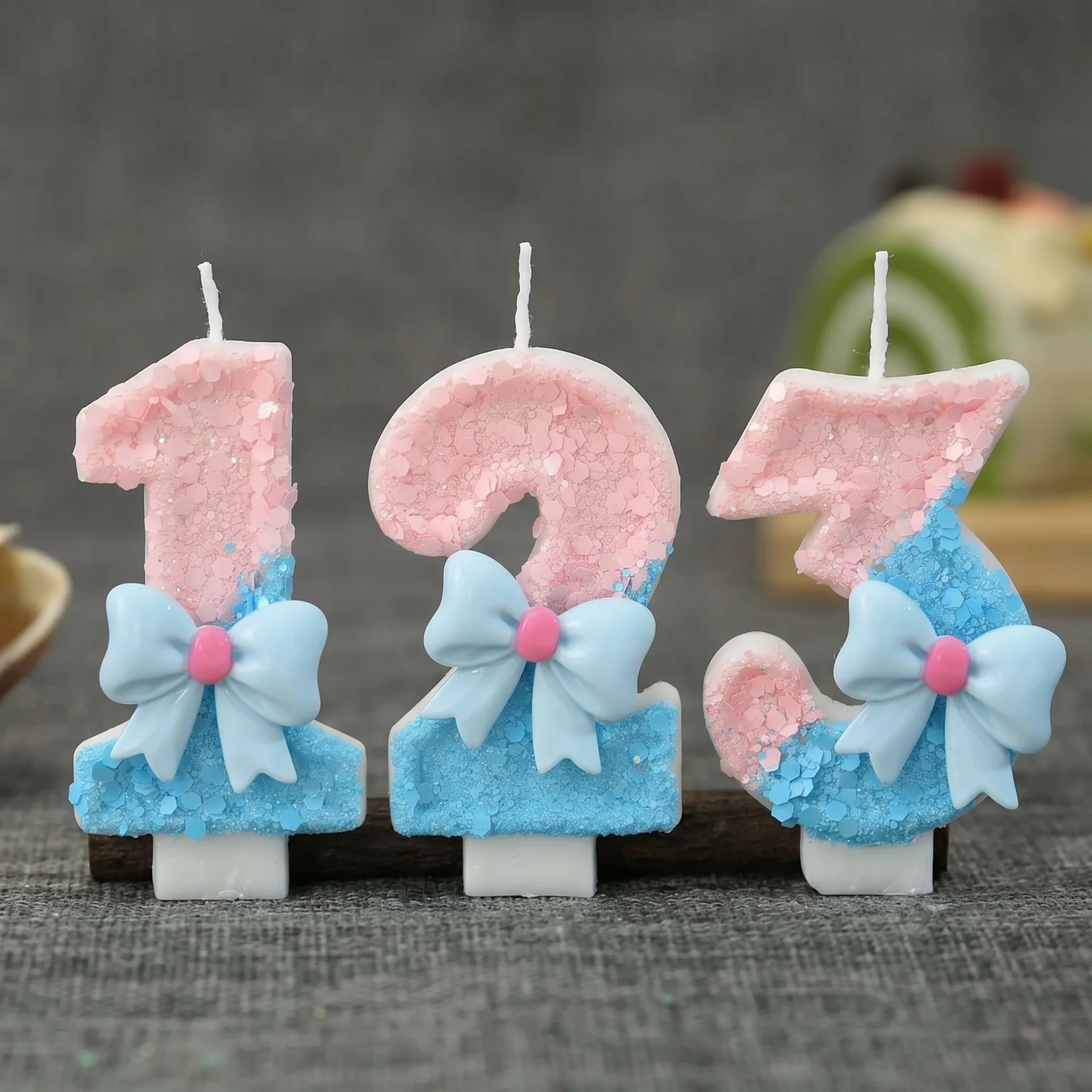 Pink Bow Color Matching Sequin Creative Digital Number Candle, Birthday Anniversary Party Cake Decoration