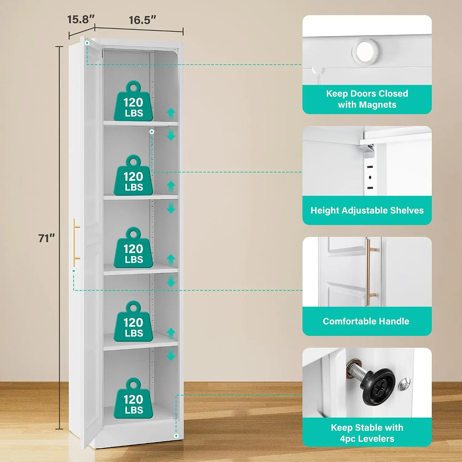 Tall Narrow Storage Cabinet With One Door And Five Shelves Slim Kitchen Pantry Cabinet Metal Bathroom Cupboard Large Organizer Unit White