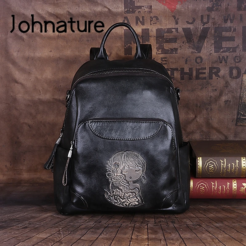 Johnature 2024 New Retro Genuine Leather Women Backpack Large Capacity Leisure First Layer Cowhide Handmade Female Travel Bags