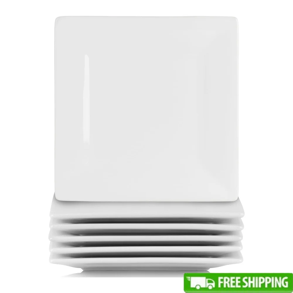 

Set of 6 White Square Ceramic Appetizer Plates Dishwasher Microwave Oven Safe Elegant Dining Tableware Classic Design
