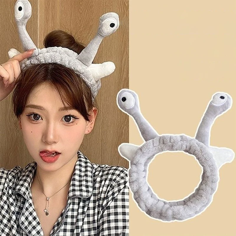 Cute Fluffy Animal Big Eye Snail Headbands Soft Coral Fleece Elastic Hair Band For Women Washing Face Makeup Cosmetic