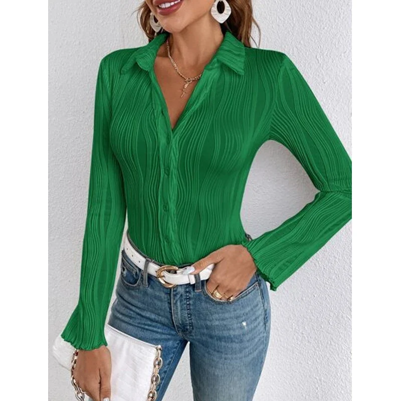 

2024 Autumn Fashion Pleated Office Blouse Casual Long Sleeve Shirts Women Spring Slim Fit Simple Lapel Tops Mujer Elegant 29451