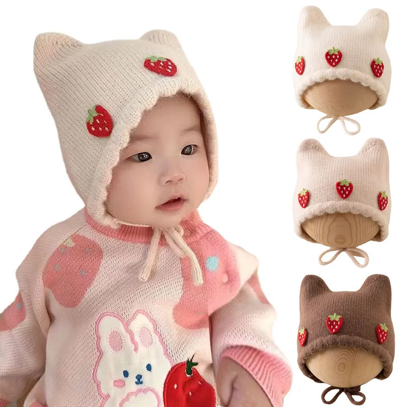 Autumn Winter Baby Girl Hat Cute Strawberry Ear Infant Beanies Cap Toddler Girls Cap Warm Infant Hats for Girls