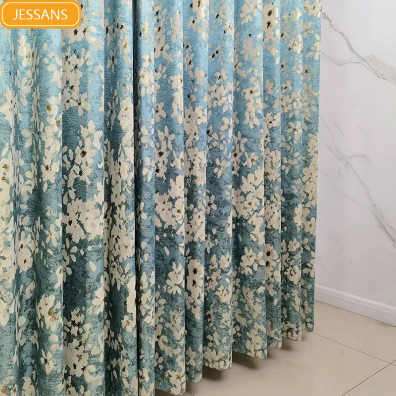 New American Gold Wire Jacquard Blue Oil Painting Curtains for Living Room Bedroom Partition Curtains Customized Villa