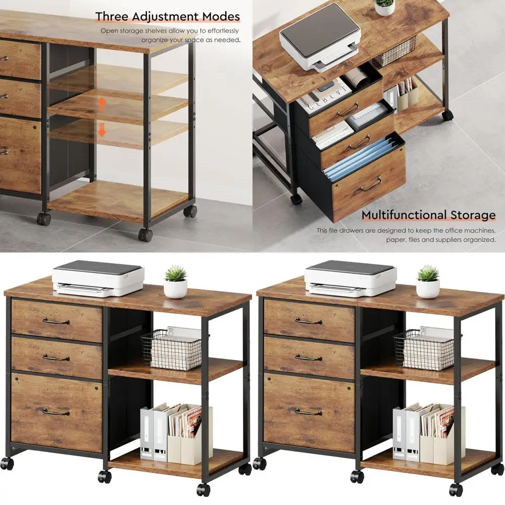

Rustic Brown 3-Drawer File Cabinet on Wheels with Open Shelf and Printer Stand for Home Office