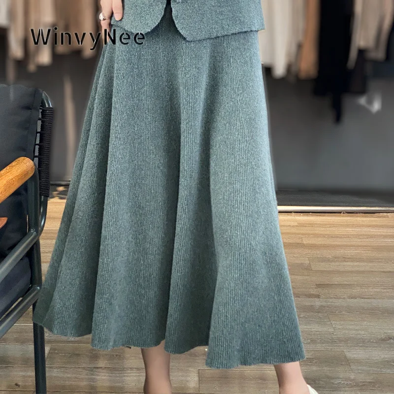 WinvyNee Womens Pleated Knit Midi Skirts Warm 100% Wool Vertical Rib Swing Sleek Elegant Autumn Winter Street Apparel E1853020
