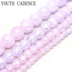 Natural Pink Purple Snow Cracked Crystal Stone Round Loose Beads For Jewelry Making DIY Necklace Bracelet 15inches 4/6/8/10mm