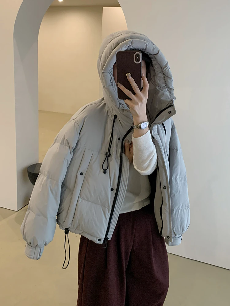 겨울 숏 후드 드로스트링 다운 재킷 여성 화이트 덕다운 루즈핏 파카 다운 재킷 여성 솔리드 지퍼 따뜻한 브레드 아우터