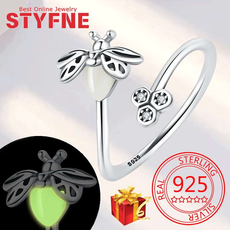

Real 925 Sterling Silver Glowing Bee CZ Finger Rings Adjustable Ring For Women Wedding Jewelry Gifts with GIFT BOX ﻿