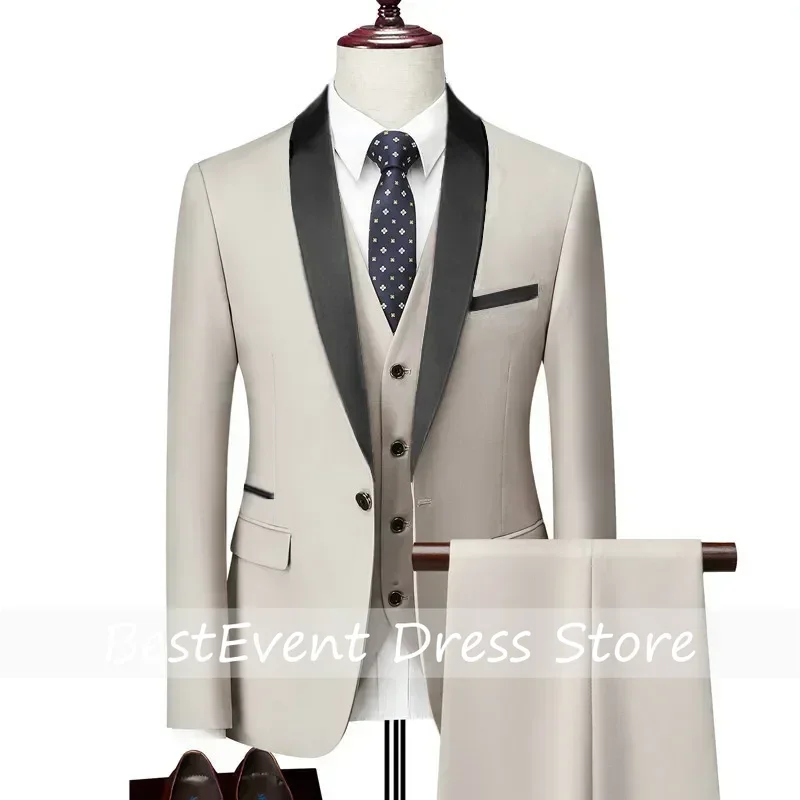 

Size Men Lapel Black Collar 3 Pcs Suit Set Coat Vest Trousers Business Groom Wedding Fprmal Blazer Pants Waistcoat Customized