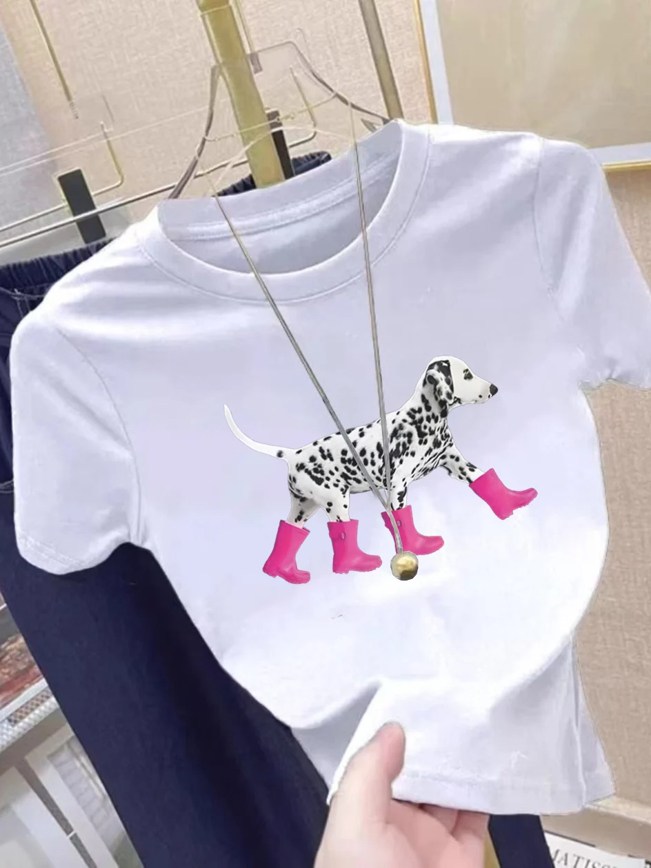 تي شيرت نسائي صيفي بأكمام قصيرة من Outlet ~ American Spot Dog بتصميم كلاسيكي على الكتف من القطن كاجوال على الطراز الكوري