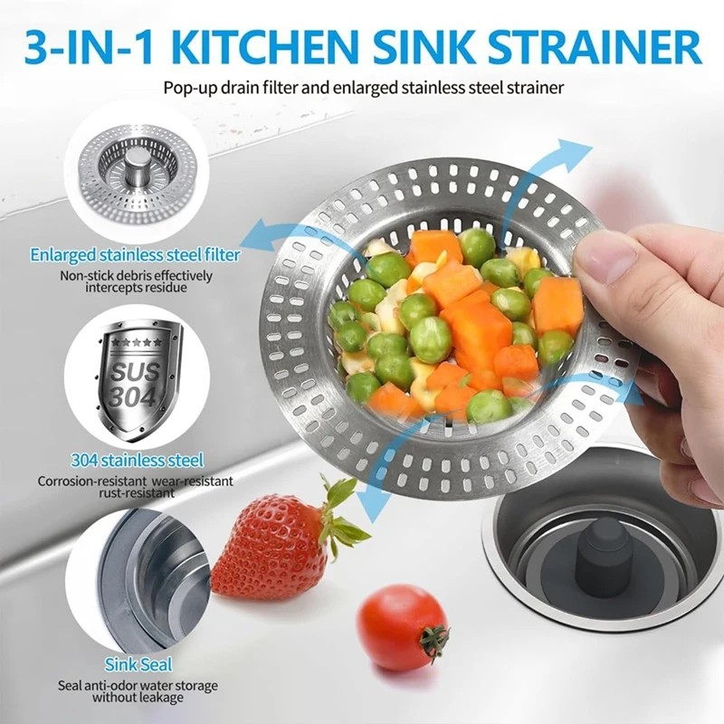 ABBN-3 In1 Kitchen Sink Drain Strainer, Metal Sink Stopper, Bathroom Sink Drain Drain Filter, Catcher Basket