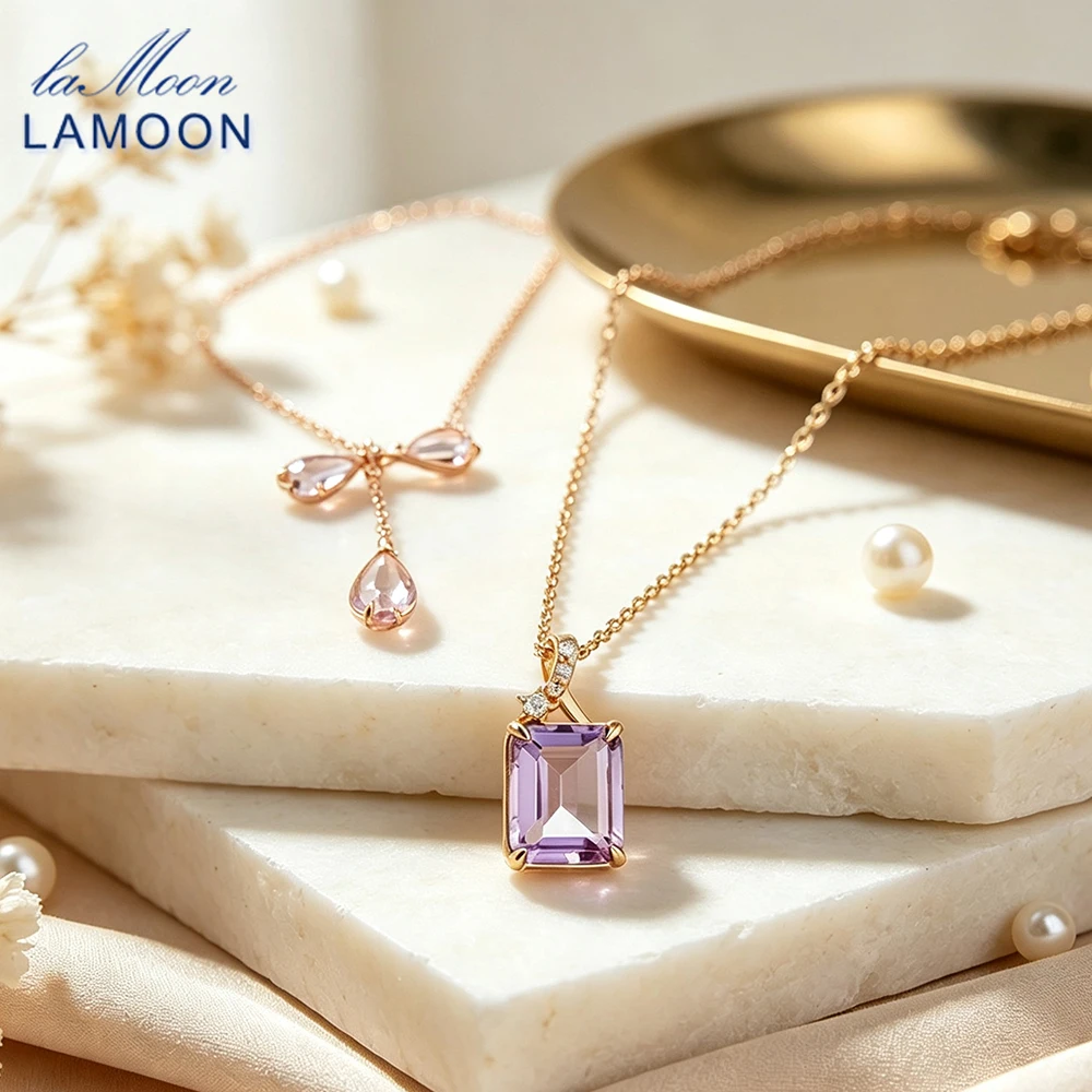 LAMOON Natural Amethyst Pendant Necklaces Luxury Geometry For Women 925 Sterling Silver Gold Plated Fine Jewelry Accessories