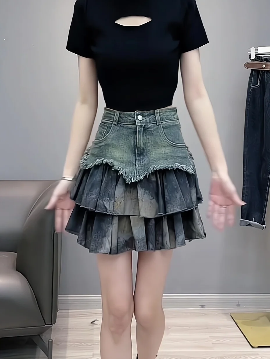 High Waist A-Line  Skirt Denim Patchwork Design Women's Fashion Slimming Short Skirt American Pure Desire Style