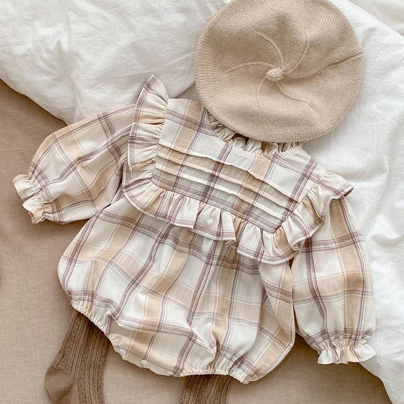 2023 Baby Girl Plaid Rompers Toddler Girls Long Sleeves Jumpsuit Infant Girls Floral Rompers Princess Spring Autumn Clothes