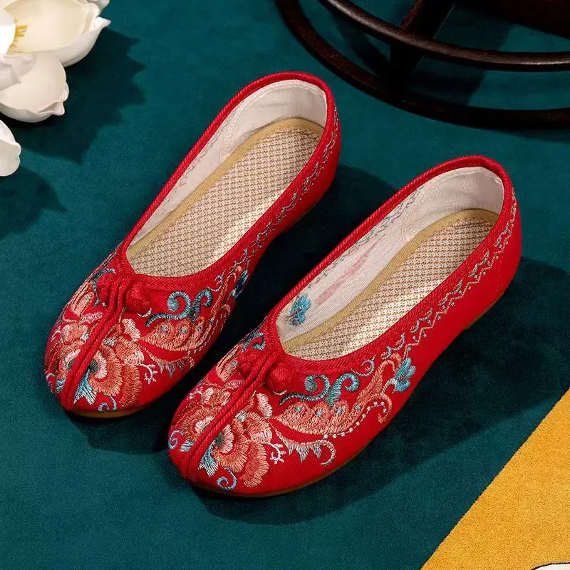 

Женские парусиновые туфли на плоской подошве с вышивкой в этническом стиле, легкие туфли без шнуровки с круглым носком, обувь Hanfu для среднего и пожилого возраста