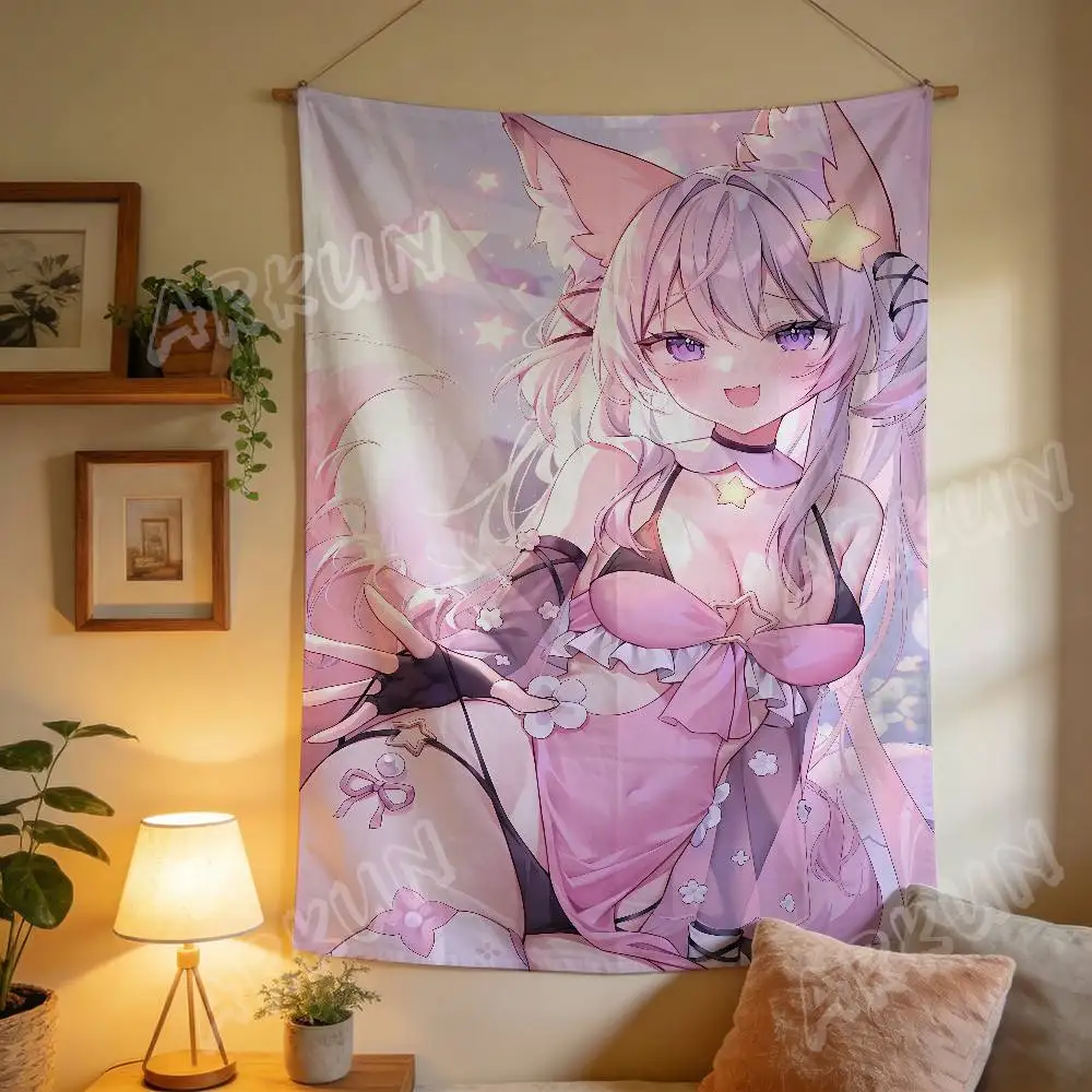 Japanese Cute Pink Manga Girl Tapestry Wall Hanging For Bedroom And Living Room, Dorm Aesthetic Home Decor, Otaku Weeb Gift