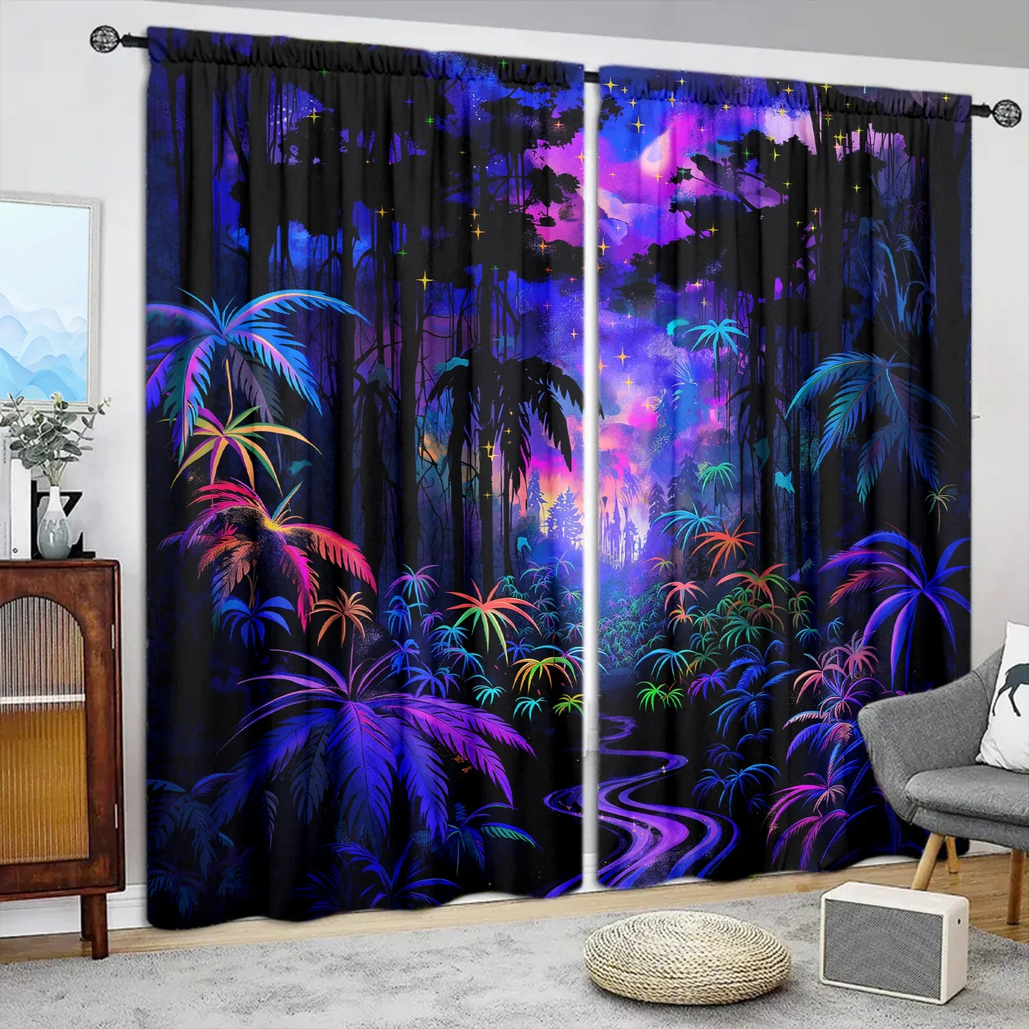 

2pcs Magical Forest Printed Curtain for Home Decor - Rod Pocket Window Treatment for Bedroom, Office, Kitchen, Living Room