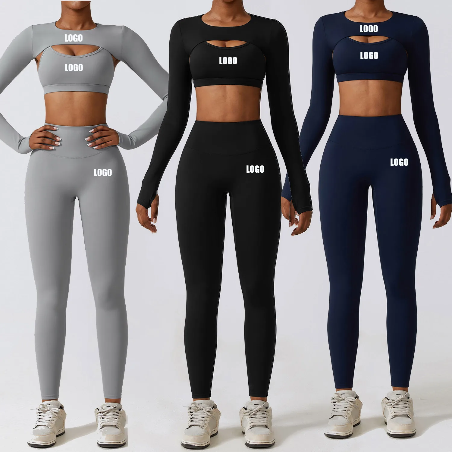 

Женская осенне-зимняя плотная одежда для йоги с индивидуальным логотипом, быстросохнущая спортивная и тонкая одежда для фитнеса, комплект из трех предметов
