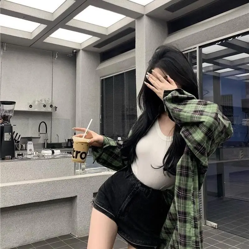 Pink POLO Collar Plaid Shirt Jacket Summer New Mid to Long Length Sunscreen Shirt Long Sleeved Top Women\'s Plaid Jacket