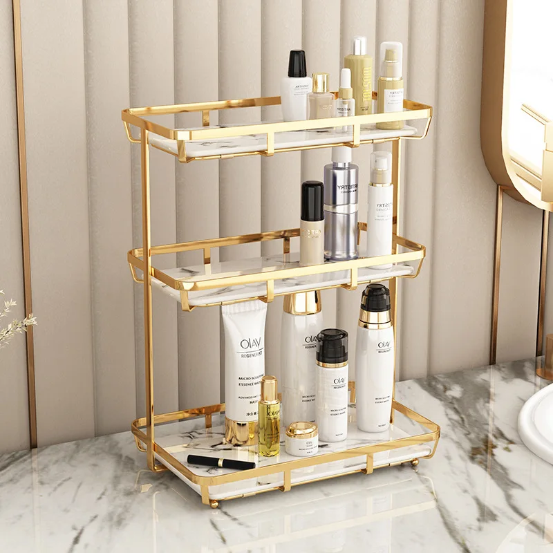 Estante de maquillaje para baño, estante de almacenamiento de cosméticos, organizador multicapa dorado, Accesorios de escritorio y soportes