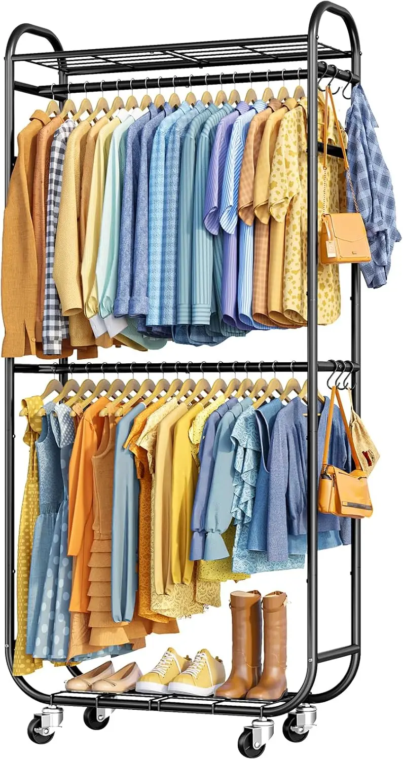 

Stylish Clothes Rack with Shelves, Hangers, Removable Hooks, Lockable Wheels & Wall Anchor for Bedroom, Black