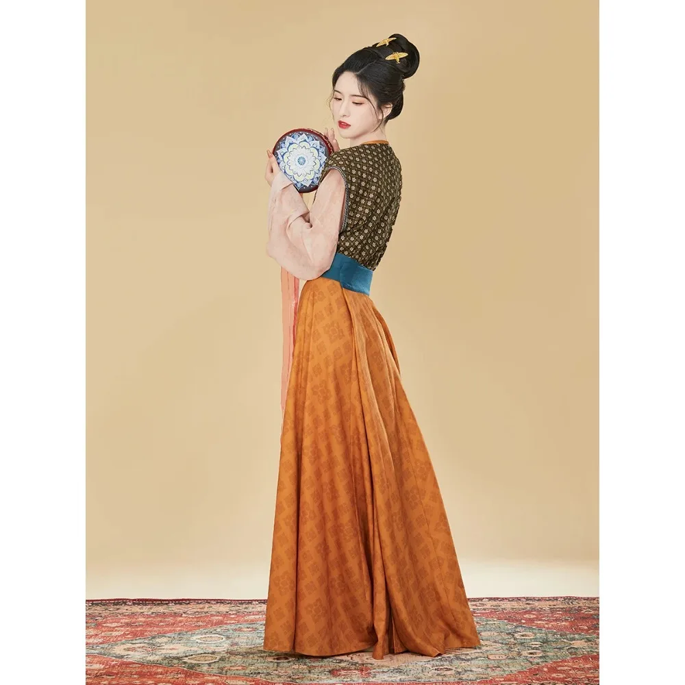 ZhiZaoSi 2 Colors Summer Tang Dynasty Hanfu Shirt Set Traditional Chinese BeiZi Round Collar Robe Vest Long Waist Skirt Suit