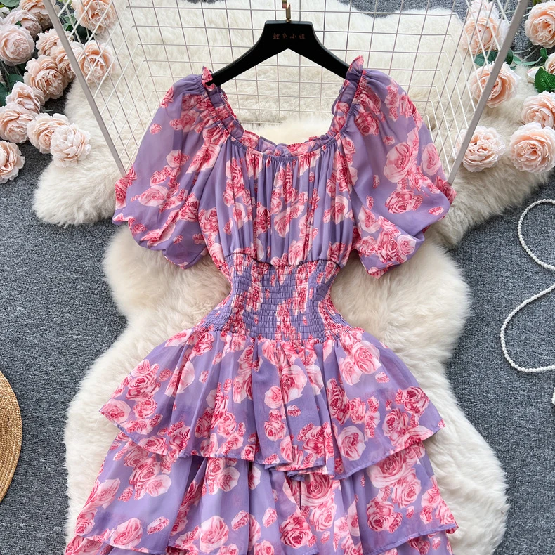 Kurzarm o Hals Blumen bedruckte Mode weibliche hohe Taille lässige Frauen Lolita-Stil Rüschen Damen Vintage Vestidos Kleider