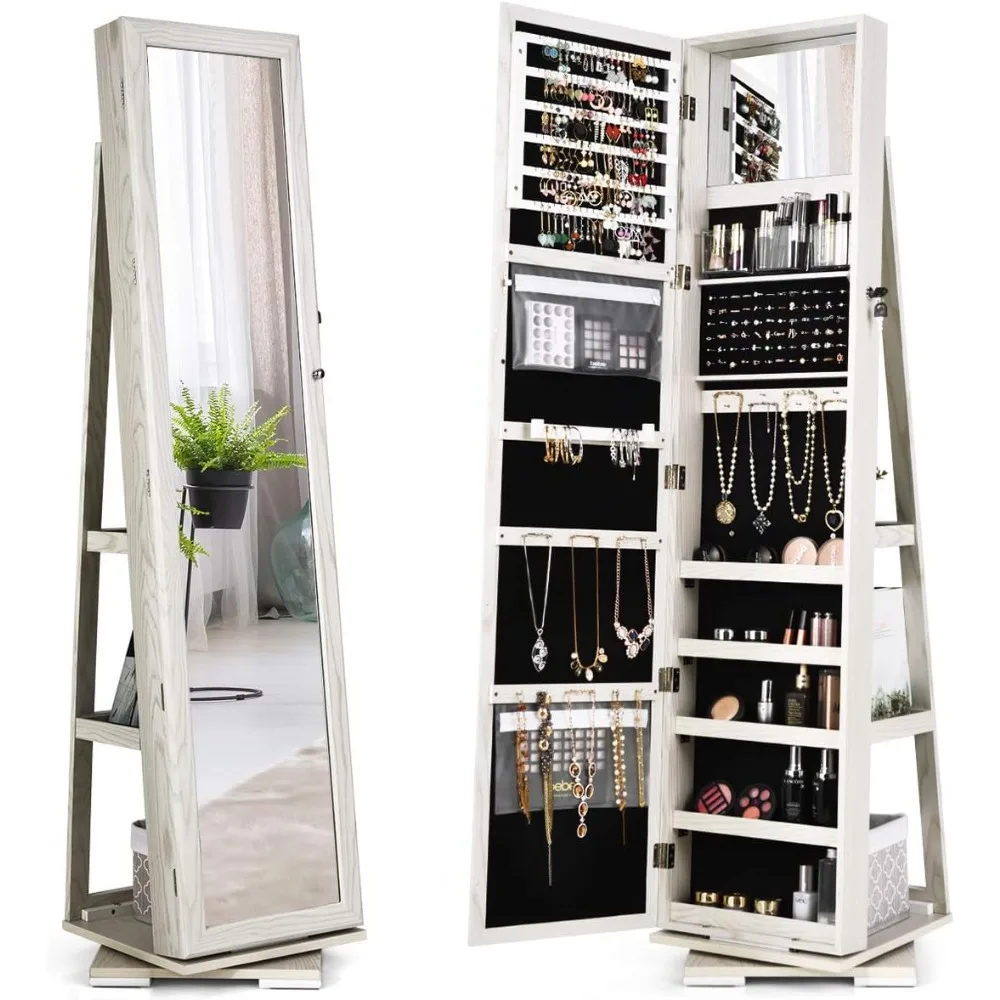 360° Swivel Jewelry Armoire with Higher Full Length Inside Makeup Mirror, Standing Lockable Cabinet Organizer