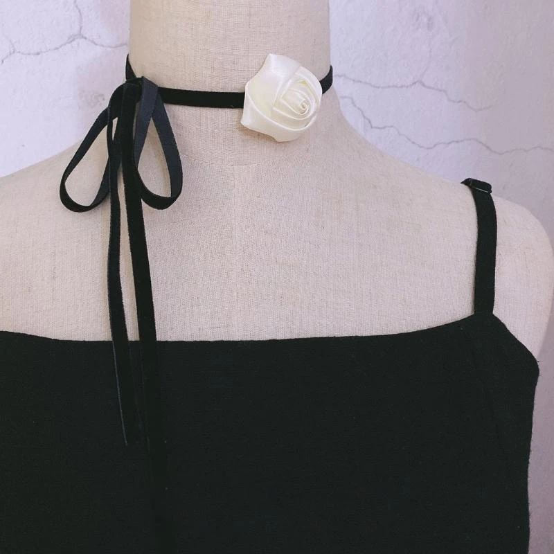  Unique Rose Flower Collar Necklace Sexy Satin-Flower Bow-Lace Collar Choker Costume Jewelry Accessory for Women Girl