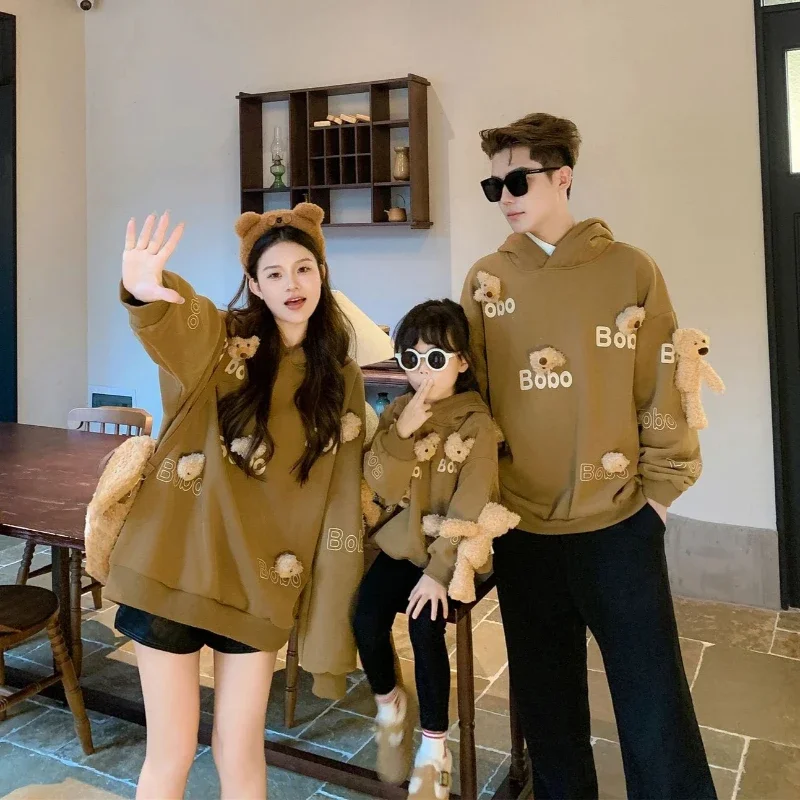 Mother Father and Son Daughter Matching Clothes Winter Family Thick Hoodies with Bear Doll Parent-child Warm Long Sleeve Tops