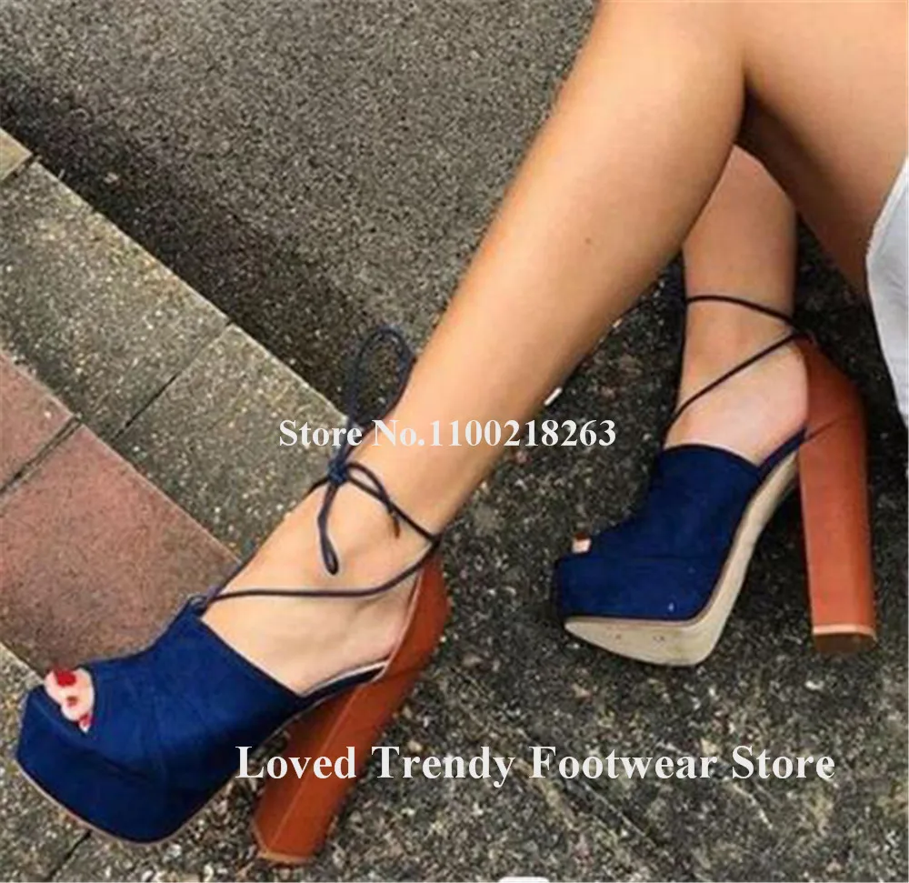 Elegant Patchwork Chunky Heel Sandals Peep Toe Blue Beige Straps Cross High Platform Thick Heel Dress Shoes Big Size Club Heels