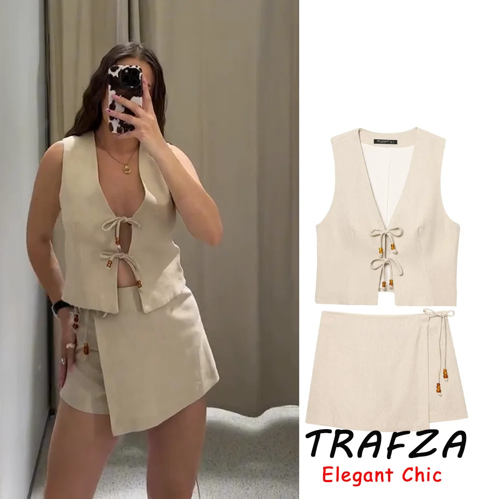 

TRAFZA Summer Casual Shorts Set Women's Lace-up Sleeveless Vest OR Shorts 2025 Fashion Elegant Holiday Mujer Skort Set