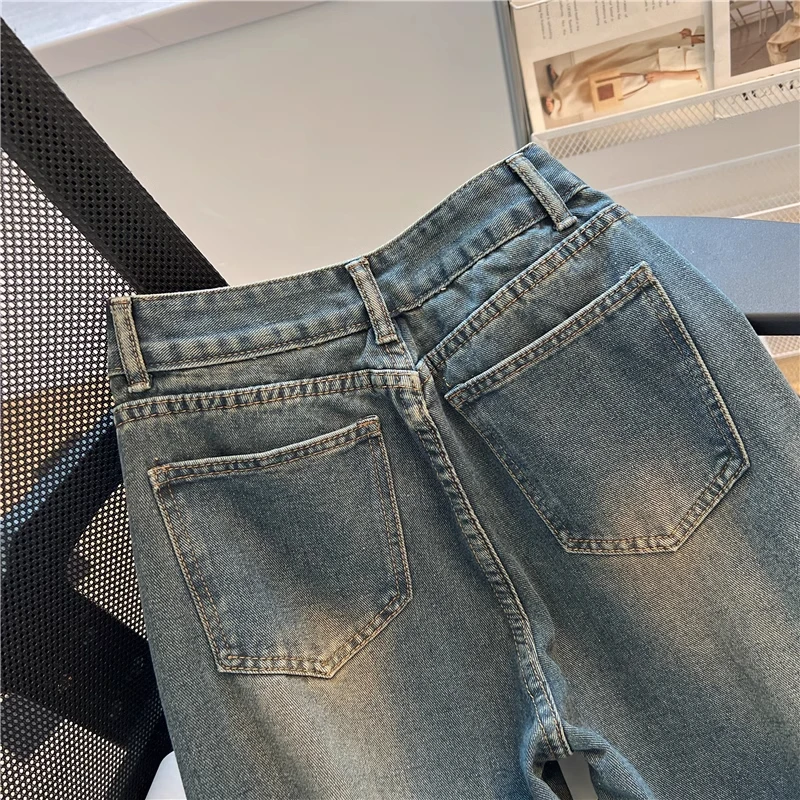 Vintage blauwe patchwork jeans lente herfst retro herenbroek Amerikaanse casual mode Street Style wijde pijpen denim broek