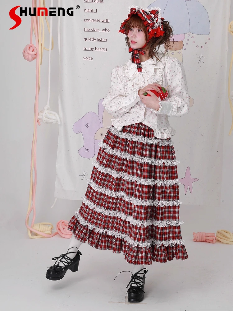 

Original Japanese Style Christmas Red Retro Plaid Skirt Elastic High Waist Lace Patchwork Sweet Cute Lolita Long Skirt for Women