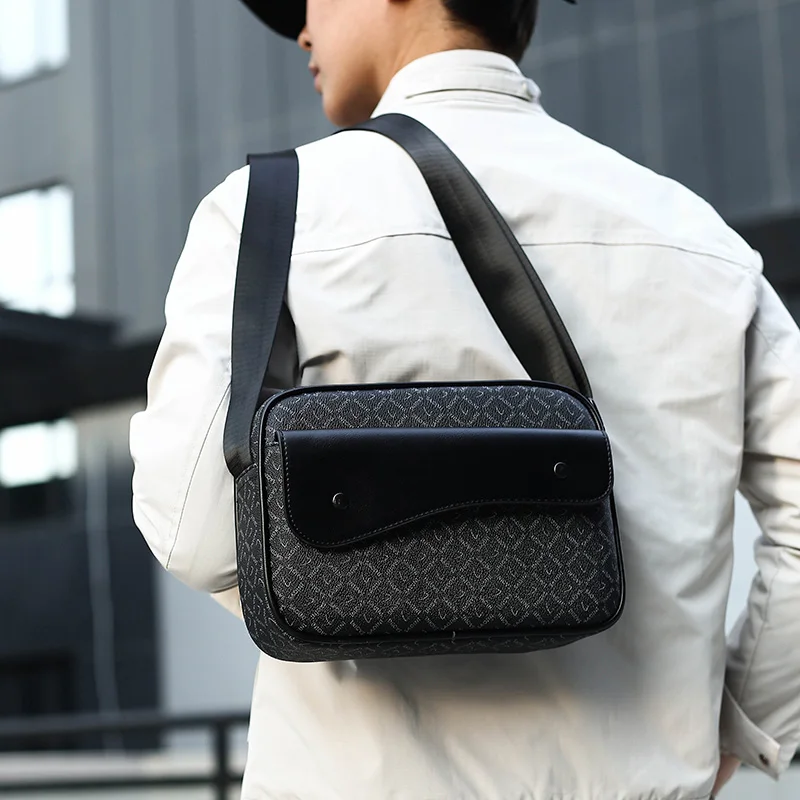 Casual Business Shoulder Bag for Men PU Leather Messenger Bag Wide Strap Crossbody Bags Square Plaid Designer Male Sling Bags