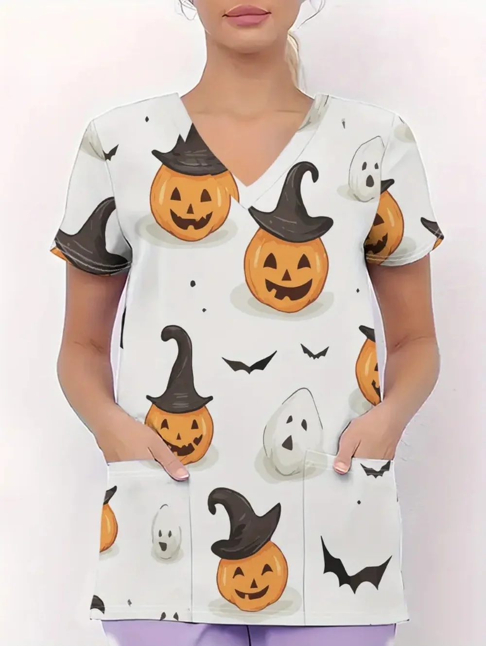 Damskie stroje na Halloween, medyczne, urocze, z wzorem dyni, bluza medyczna z dekoltem w serek, krótki rękaw, z kieszeniami, koszulka, halloweenowe stroje chirurgiczne.